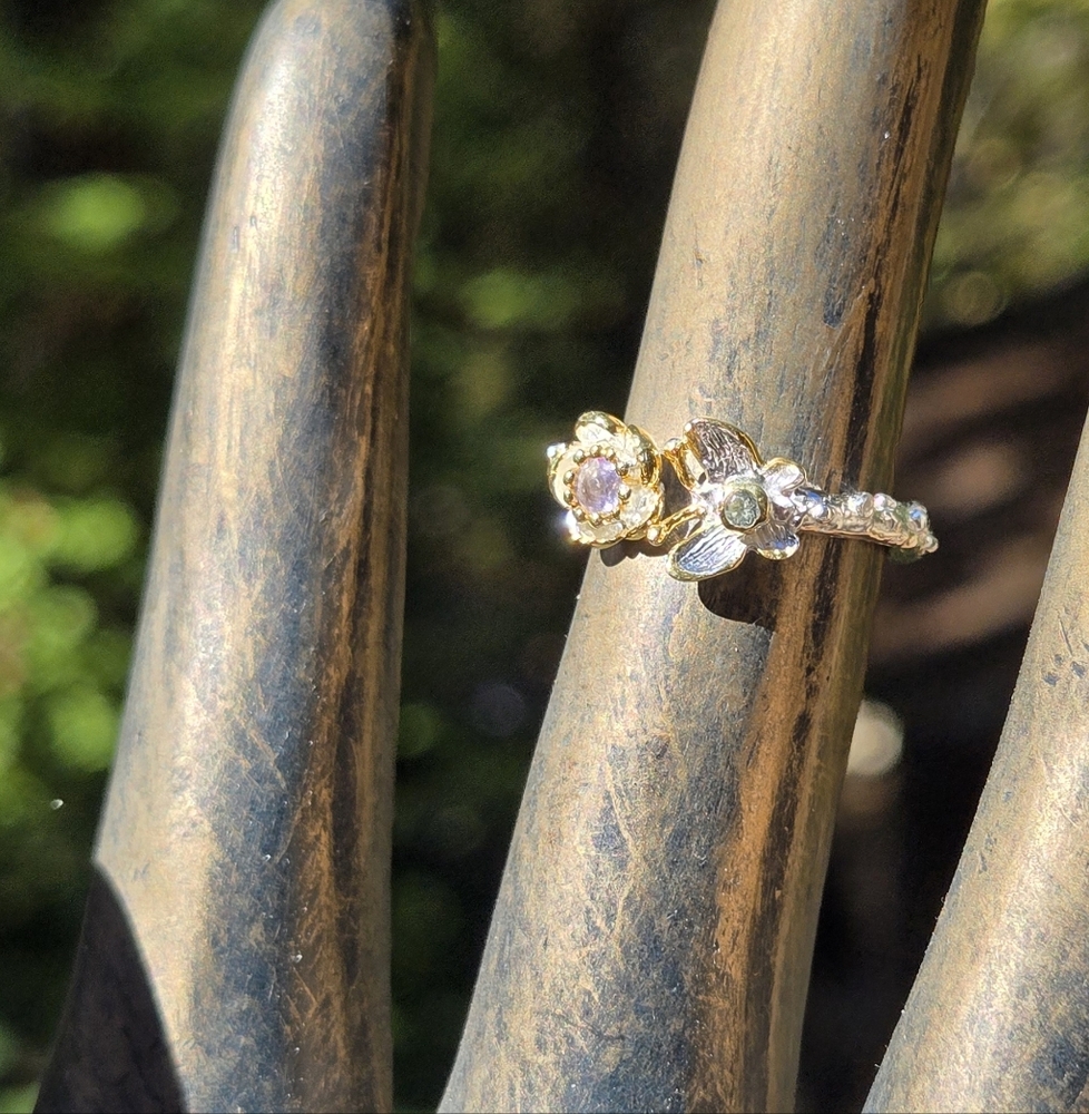 Tanzanite & Blue Topaz Flower & Butterfly Sterling & Gold Ring Sz6 Adjustable - Picture 5 of 9